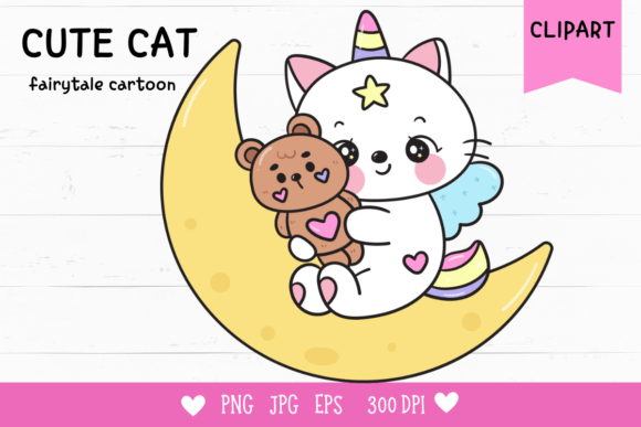 Cat Unicorn Hug Teddy Bear on Moon Baby: A Magical Digital Asset for Creative Projects