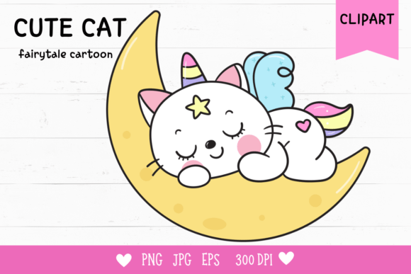 Cute Cat Unicorn Sleep on Moon Kitten: A Whimsical Clipart for Creative Projects