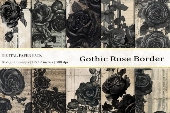 Gothic Rose Border Digital Papers for Creative Projects